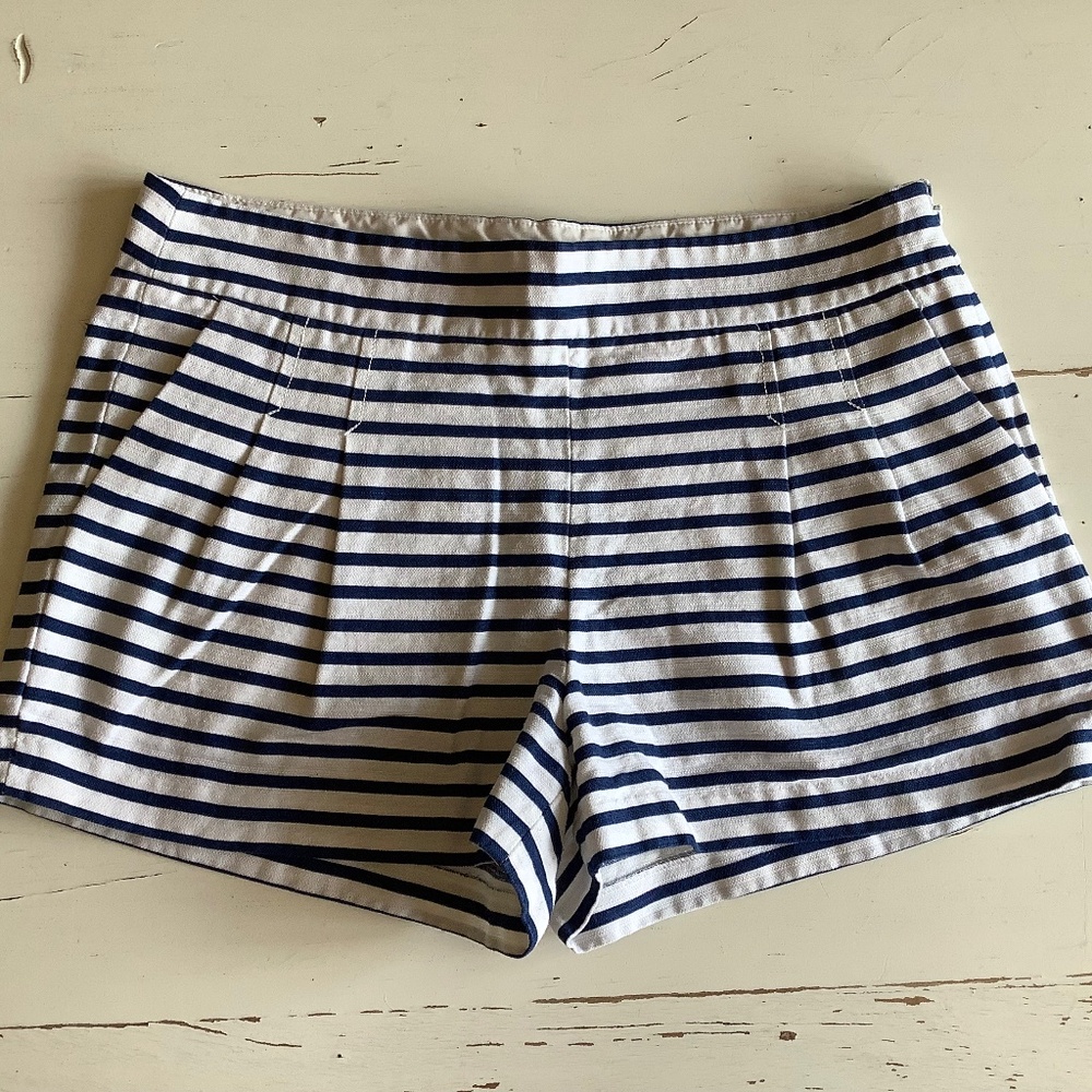 J Crew Factory Cotton Linen Shorts Navy Blue White Striped Nautical SZ 8